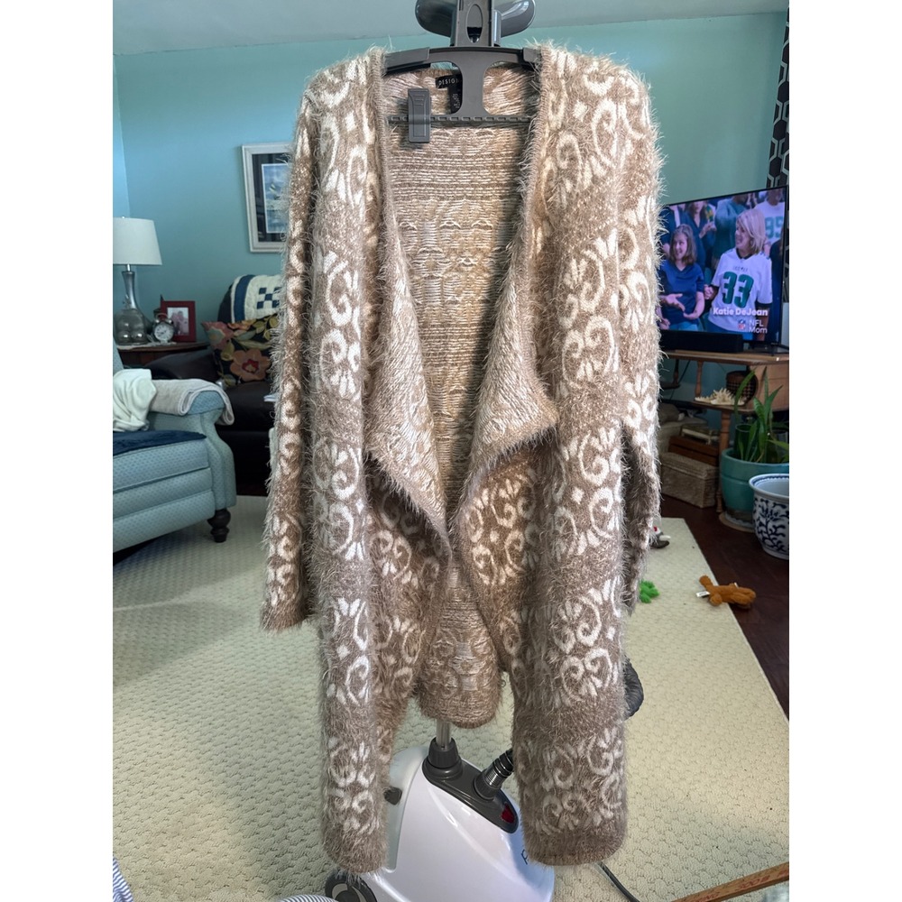Design History XL Eyelash Knit Cardigan Taupe Cream Damask Scroll Open Front